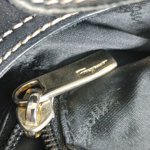 Salvatore Ferragamo Hobo Bag Black Leather Suede White Stitching Italy - Picture 13 of 16